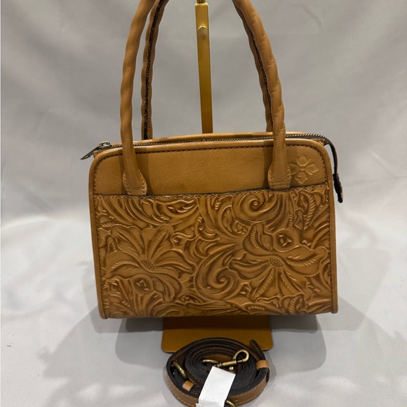 NWOT Patricia Nash “Paris” Small Satchel – Mini Rose Tooled Leather Biscuit Tan